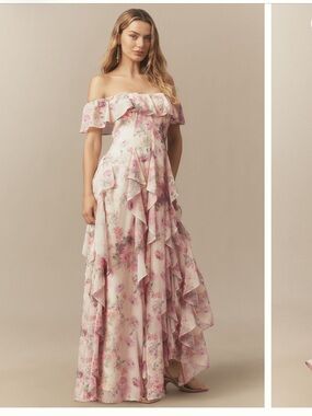 BHLDN Chiffon Scoop Neck Ruffle Off Shoulder Printed Floral Pink Maxi Dress M
